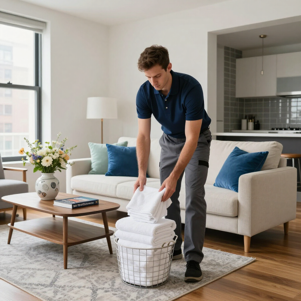Man folding white towels beside a basket in a bright living room