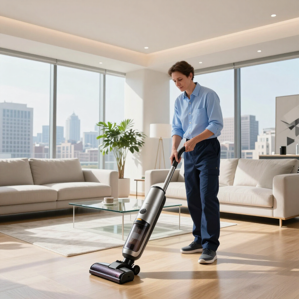 Man vacuuming a bright living room with a cordless vacuum and city skyline outside