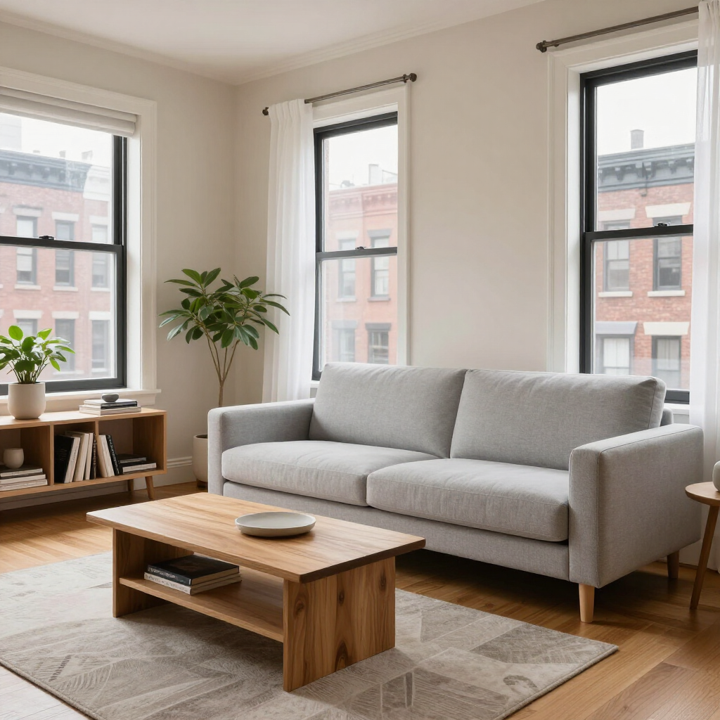 Bright living room with gray sofa, wooden coffee table, plants, and large windows overlooking city buildings