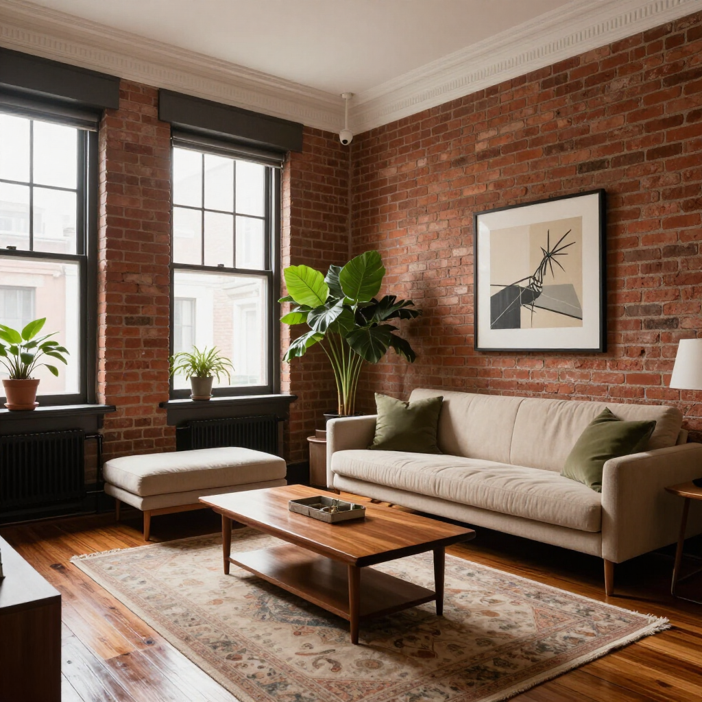 Cozy living room with exposed brick walls, beige sofa, wooden coffee table, plants, and large windows