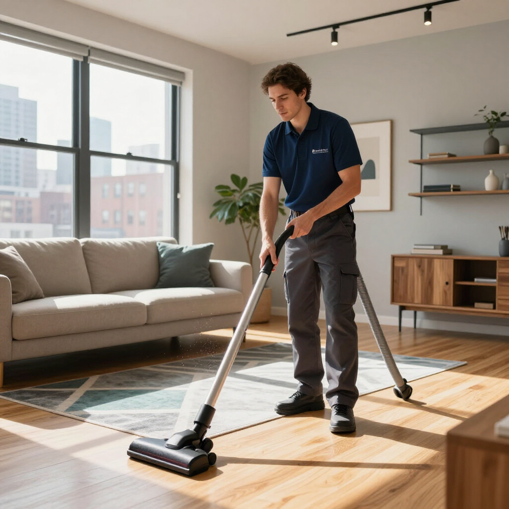 Man vacuuming a sunlit living room with a canister vacuum on a wooden floor
