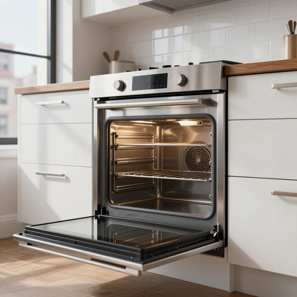 Open stainless steel oven with door down in a modern white kitchen
