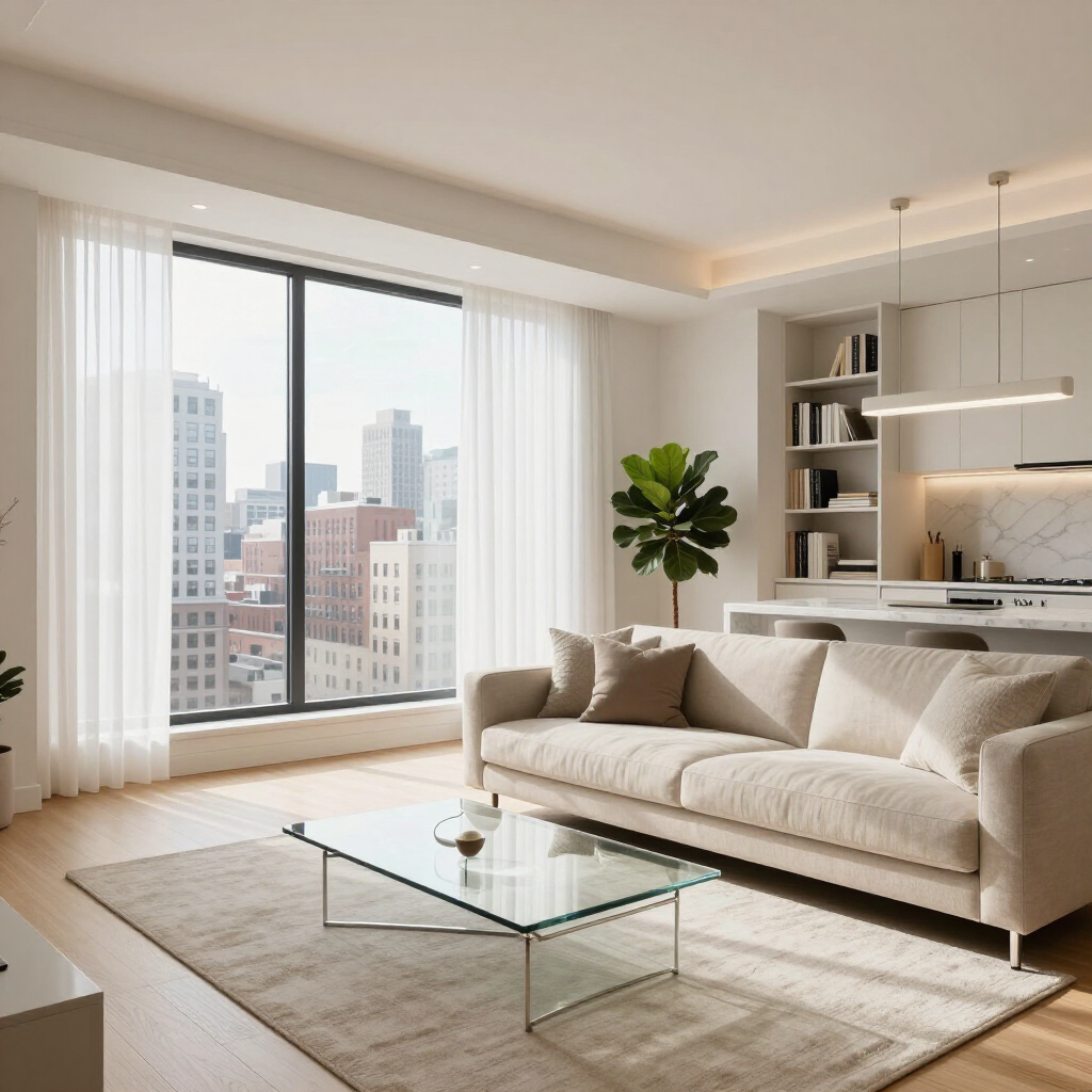 Bright modern living room with beige sofa, glass coffee table, and city view through large windows