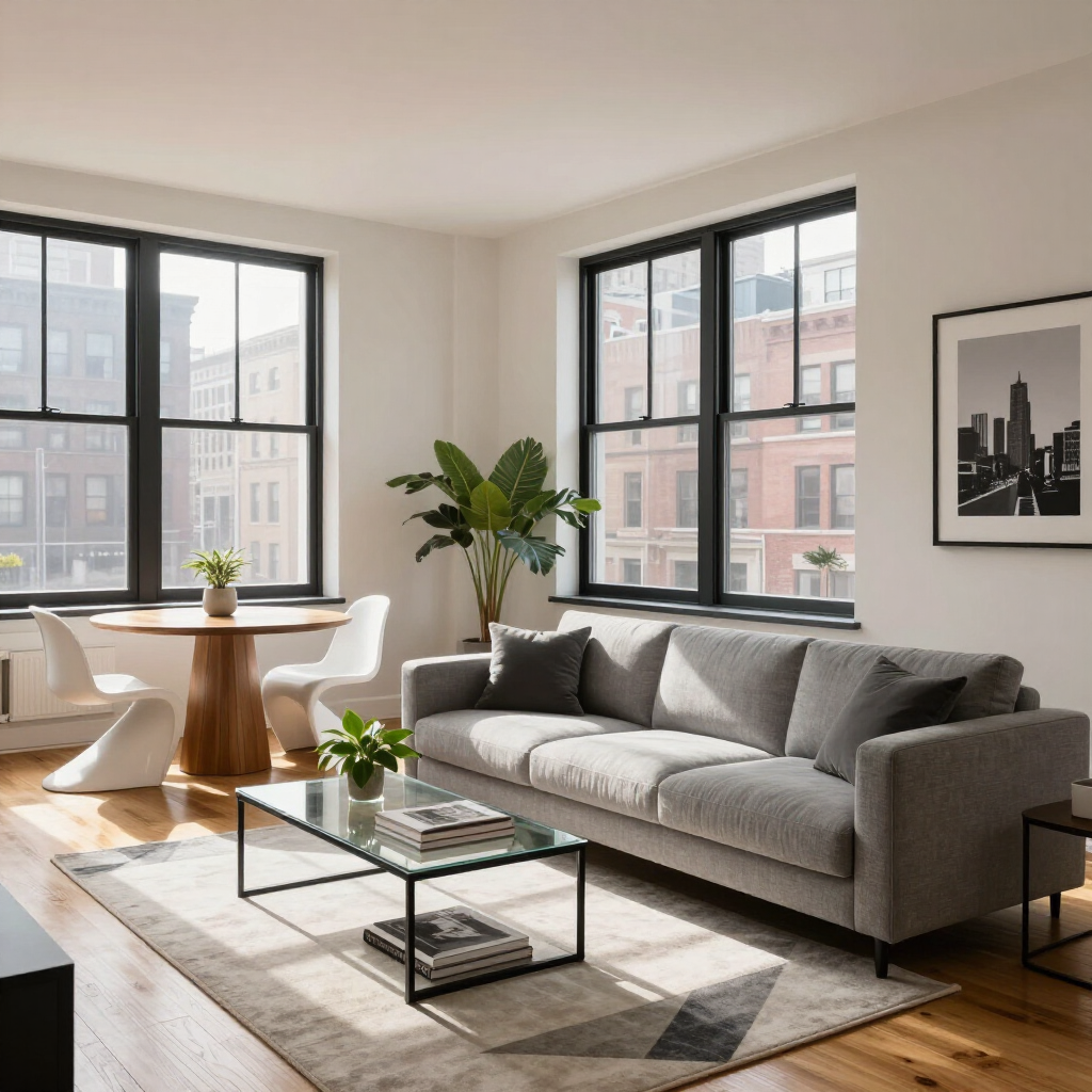 Bright modern living room with gray sofa, glass coffee table, plants, and large windows.