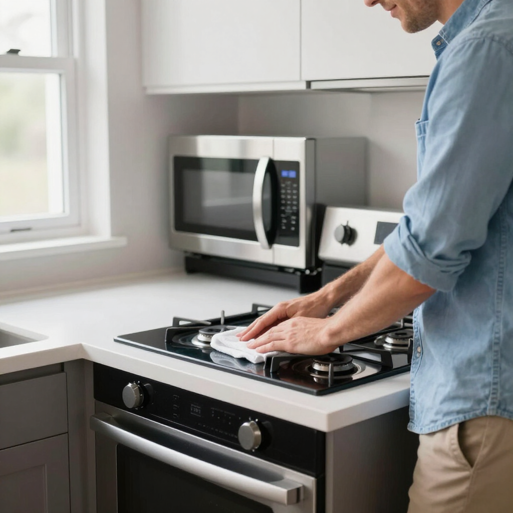 Person cleaning a gas stovetop in a bright kitchen beside a microwave and window