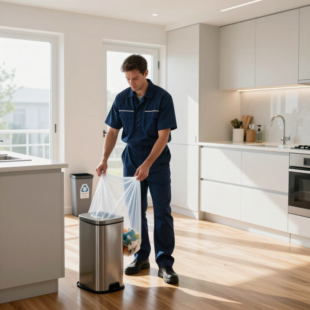 Person emptying a white trash bag into a silver kitchen trash can in a bright modern kitchen
