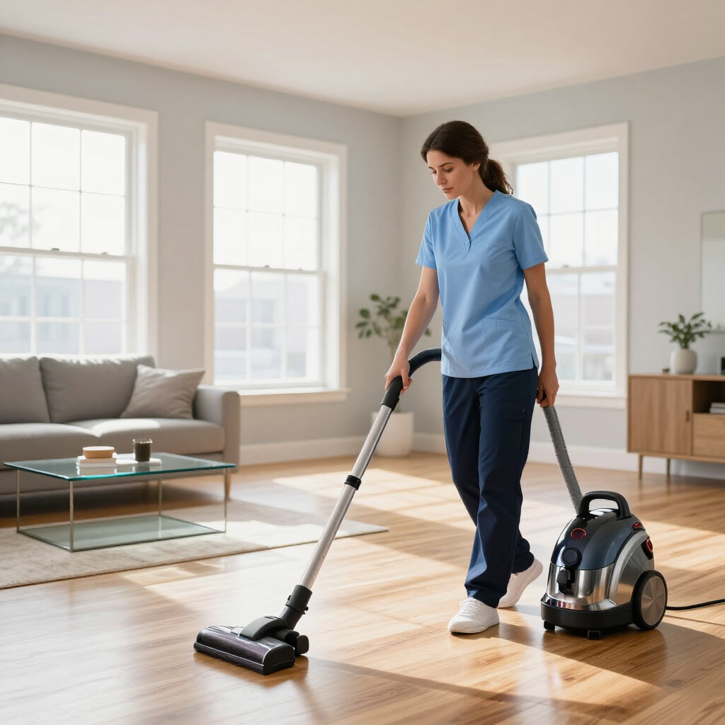 Woman vacuuming a bright living room with a canister vacuum and hard floor brush