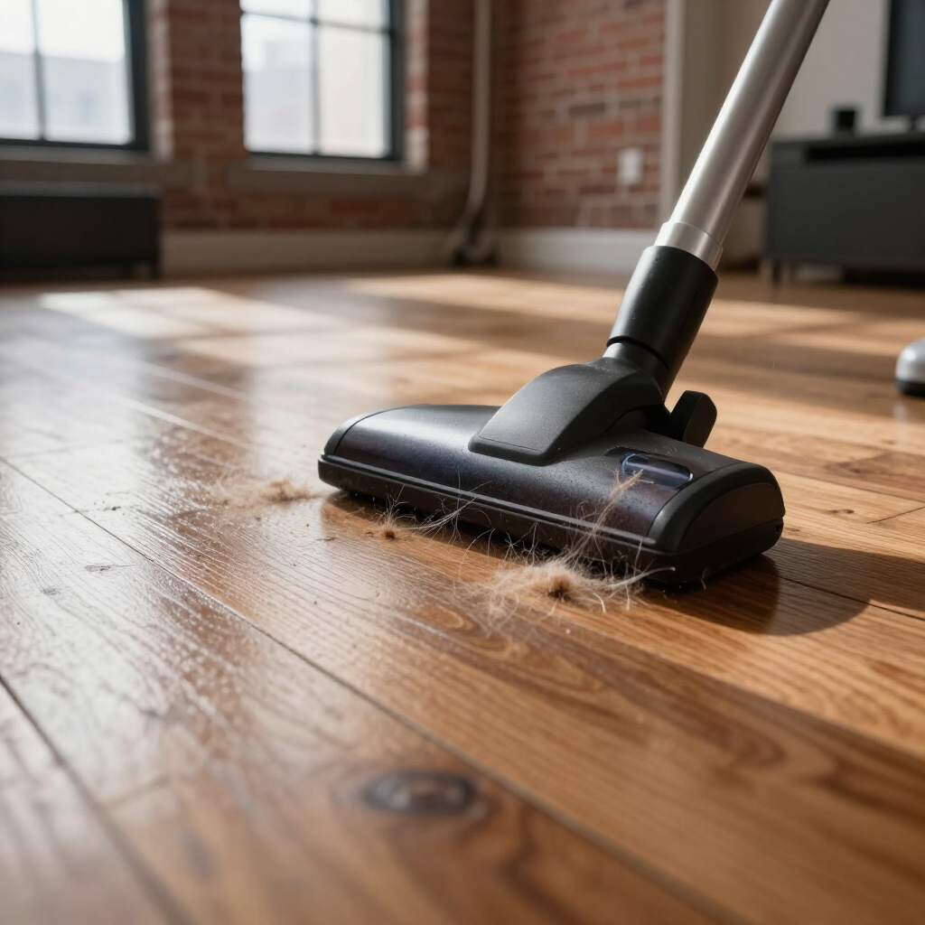 Vacuum head cleaning a hardwood floor in a sunlit room