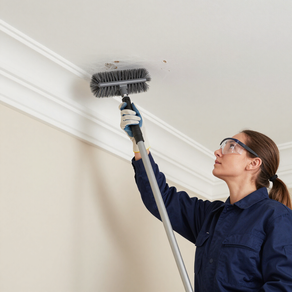 Woman using a long-handled duster to clean a ceiling corner indoors