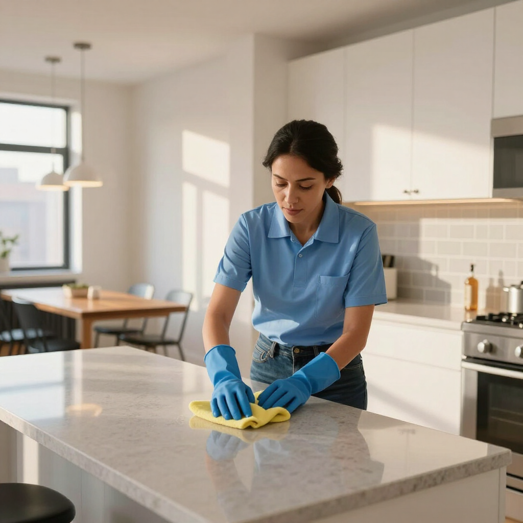 Cleaner wiping a kitchen island with a yellow cloth and blue gloves in a bright modern kitchen
