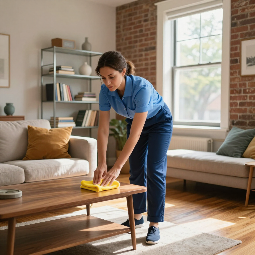 Woman wiping a wooden coffee table in a sunlit living room with a yellow cloth