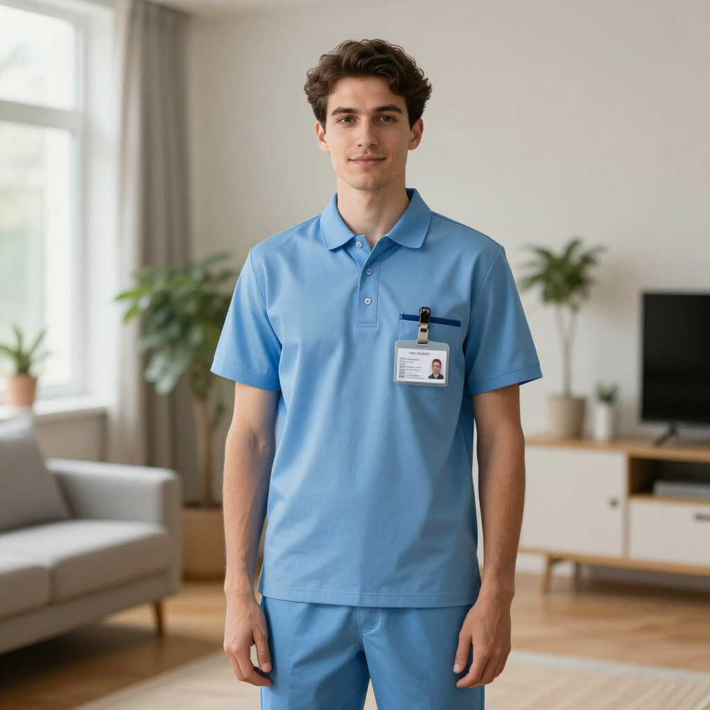 Young person in blue medical scrubs standing in a bright living room-style care setting