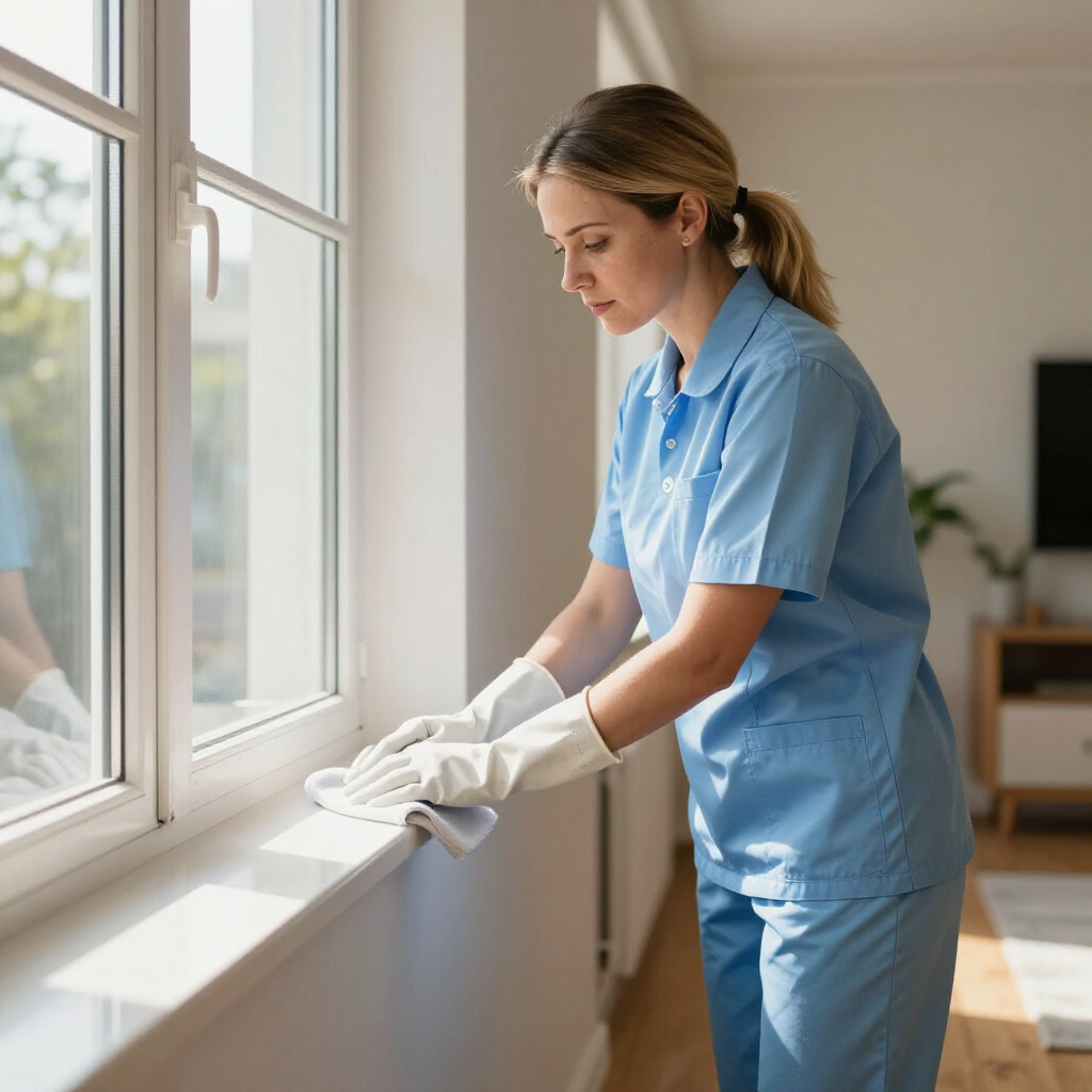 Cleaner in blue uniform wiping a window sill with a cloth in a sunlit room