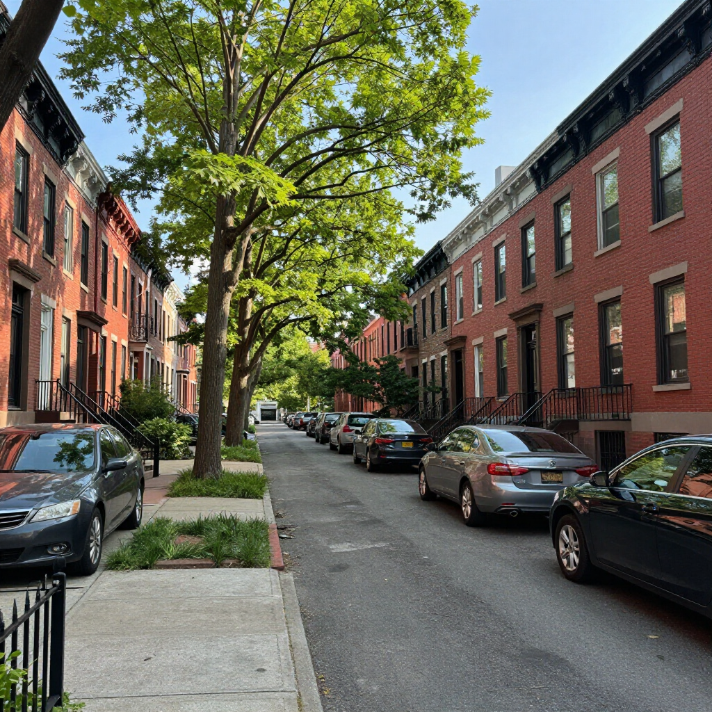 Tree-lined residential street with parked cars beside red brick row houses.