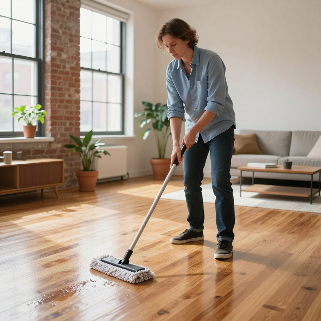 Person mopping a sunlit wooden floor in a modern living room