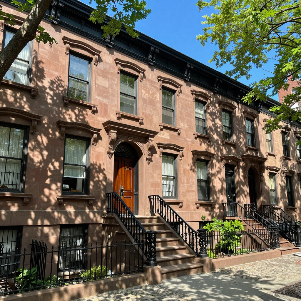 Brownstone row houses with black stoops and tree shadows on a sunny street