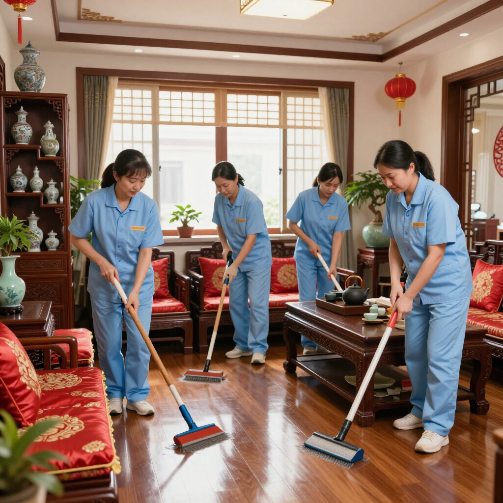 Four cleaners in blue uniforms mopping a bright living room with red furniture and wooden floors