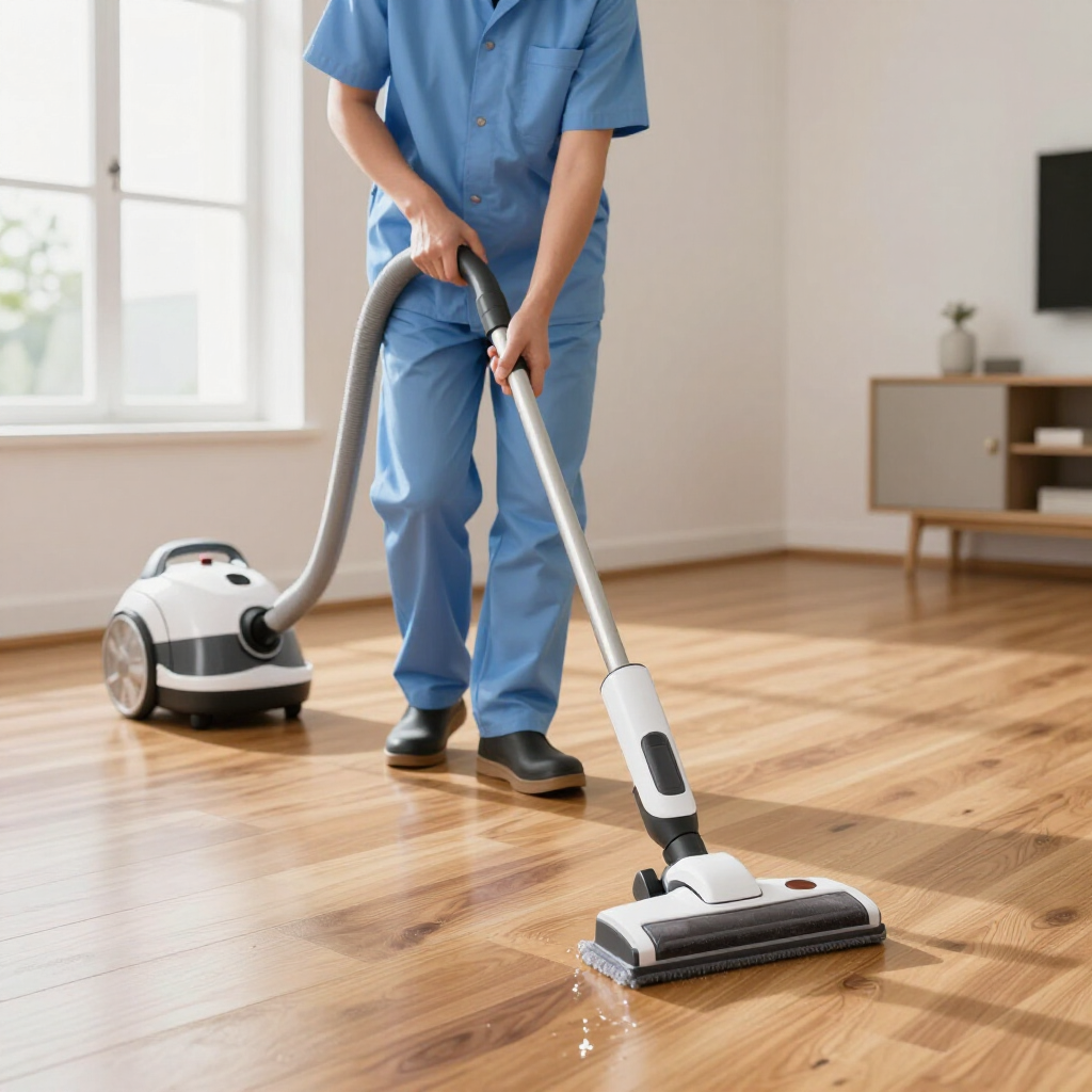 Person vacuuming a hardwood floor in a bright living room with a canister vacuum.