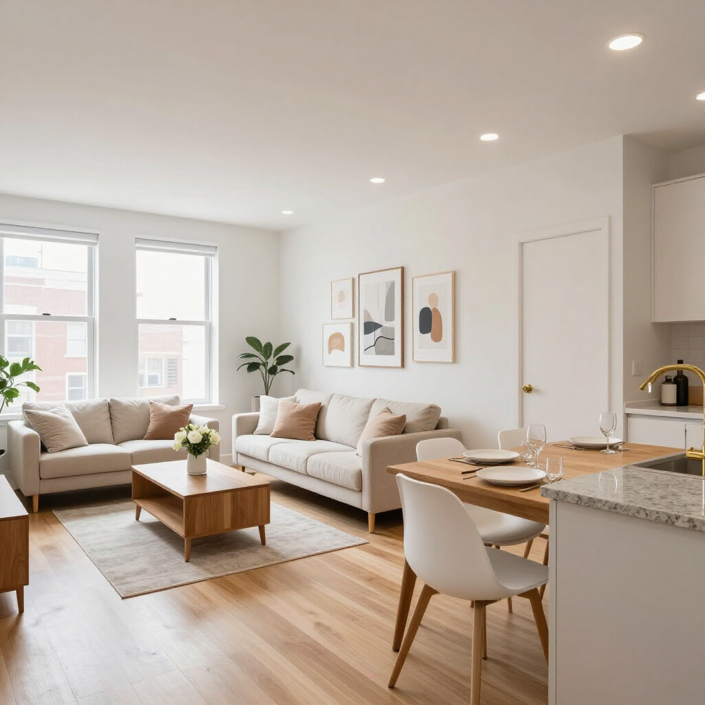 Bright modern living and dining room with beige sofas, wood tables, and white walls.