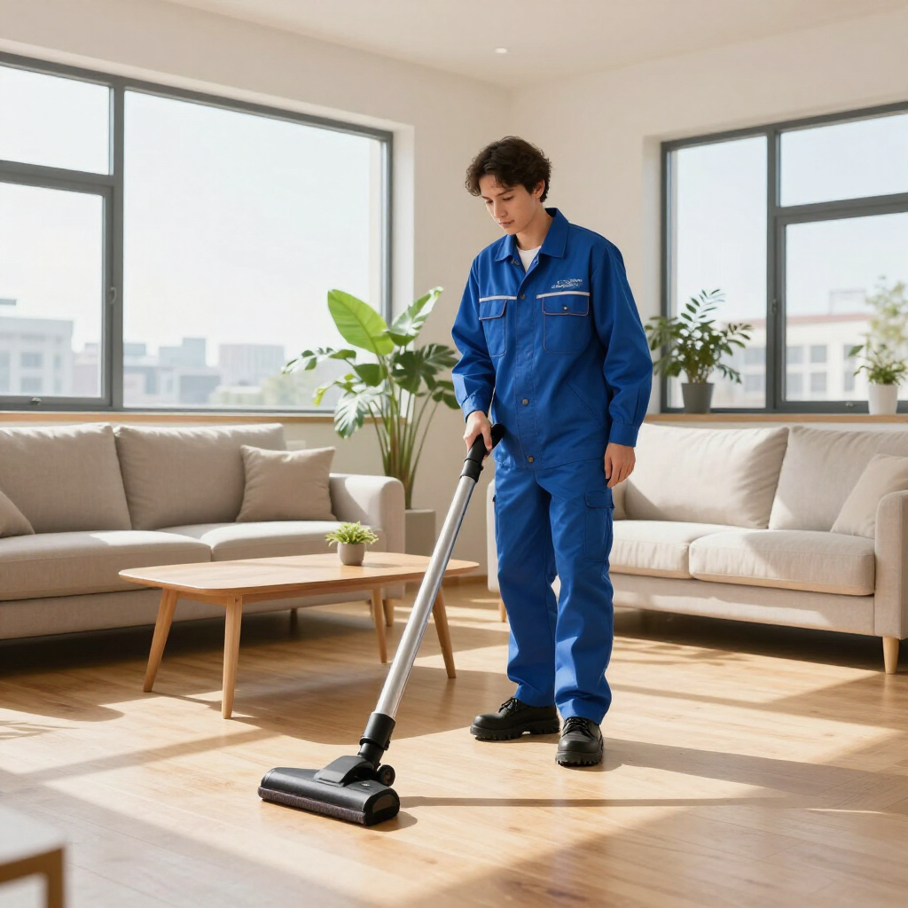 Person vacuuming a sunlit living room with beige sofas and large windows.