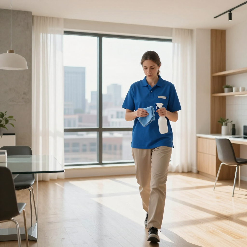 Person in a blue shirt walks through a bright apartment carrying cleaning supplies.