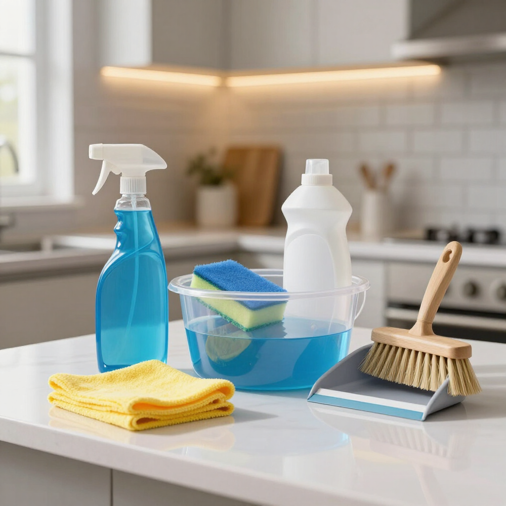 Cleaning supplies on a kitchen counter: spray bottle, detergent, sponge, cloths, and scrub brush.