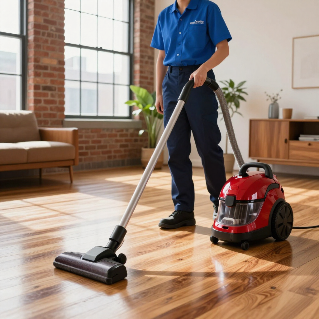 Person vacuuming a sunlit wooden floor beside a red canister vacuum in a living room