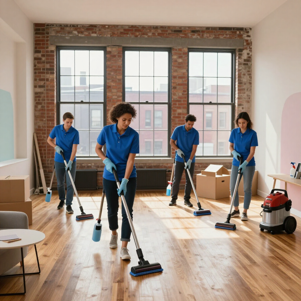 Cleaning crew mopping a bright office with large windows and hardwood floors
