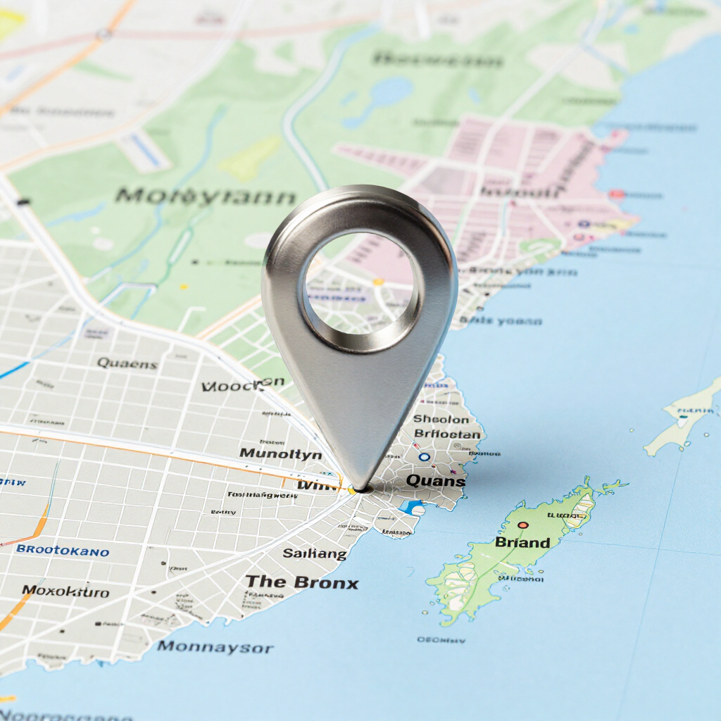 Map with a silver location pin and magnifying glass over The Bronx and nearby water