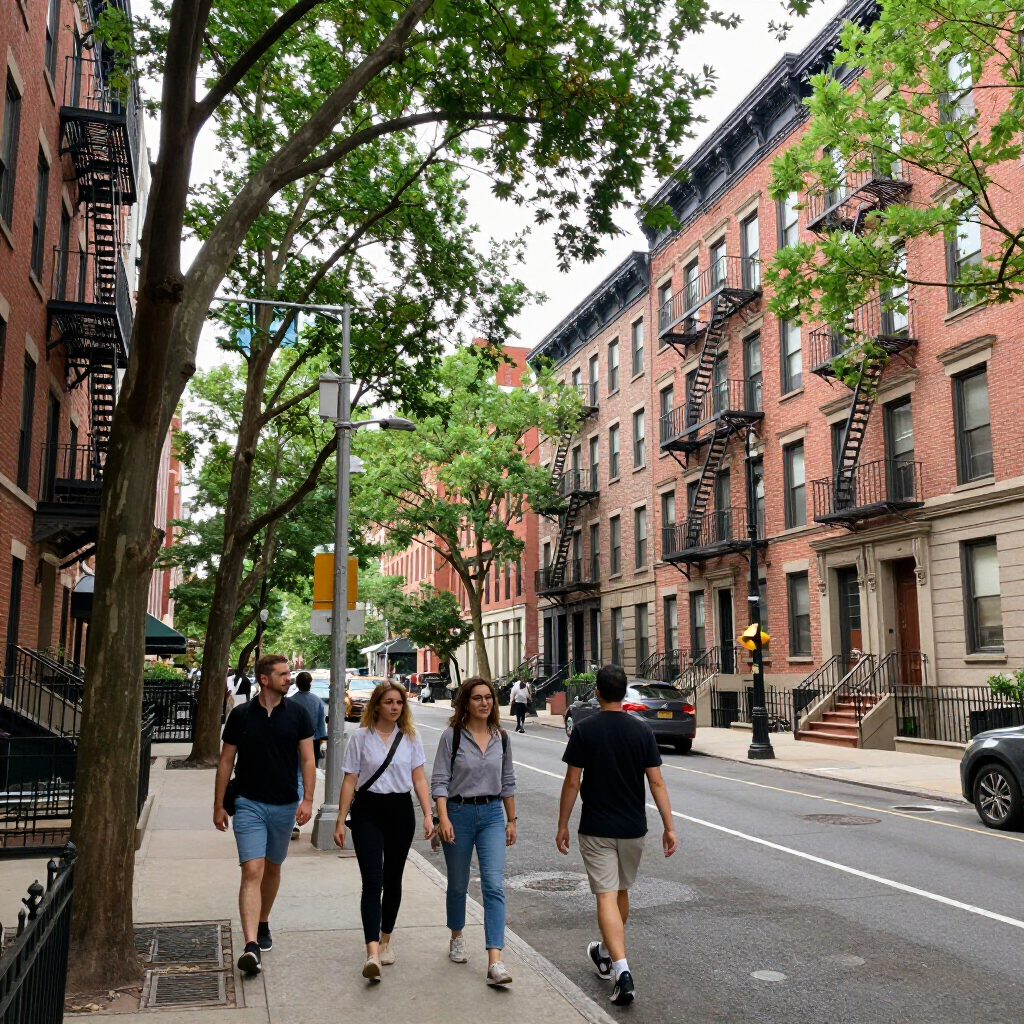 Tree-lined city street with pedestrians walking past brick apartment buildings on a cloudy day