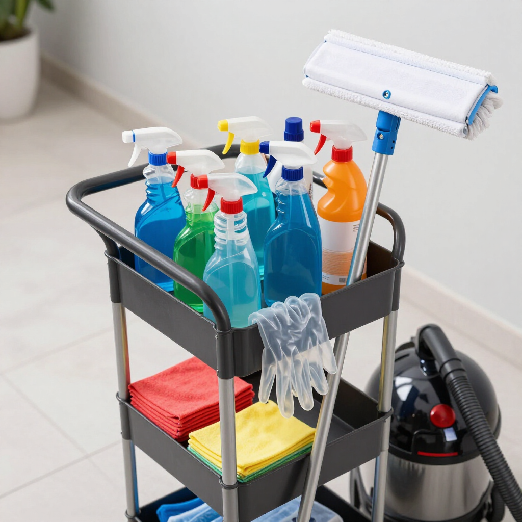 Cleaning cart with spray bottles, cloths, and a mop bucket in a bright room