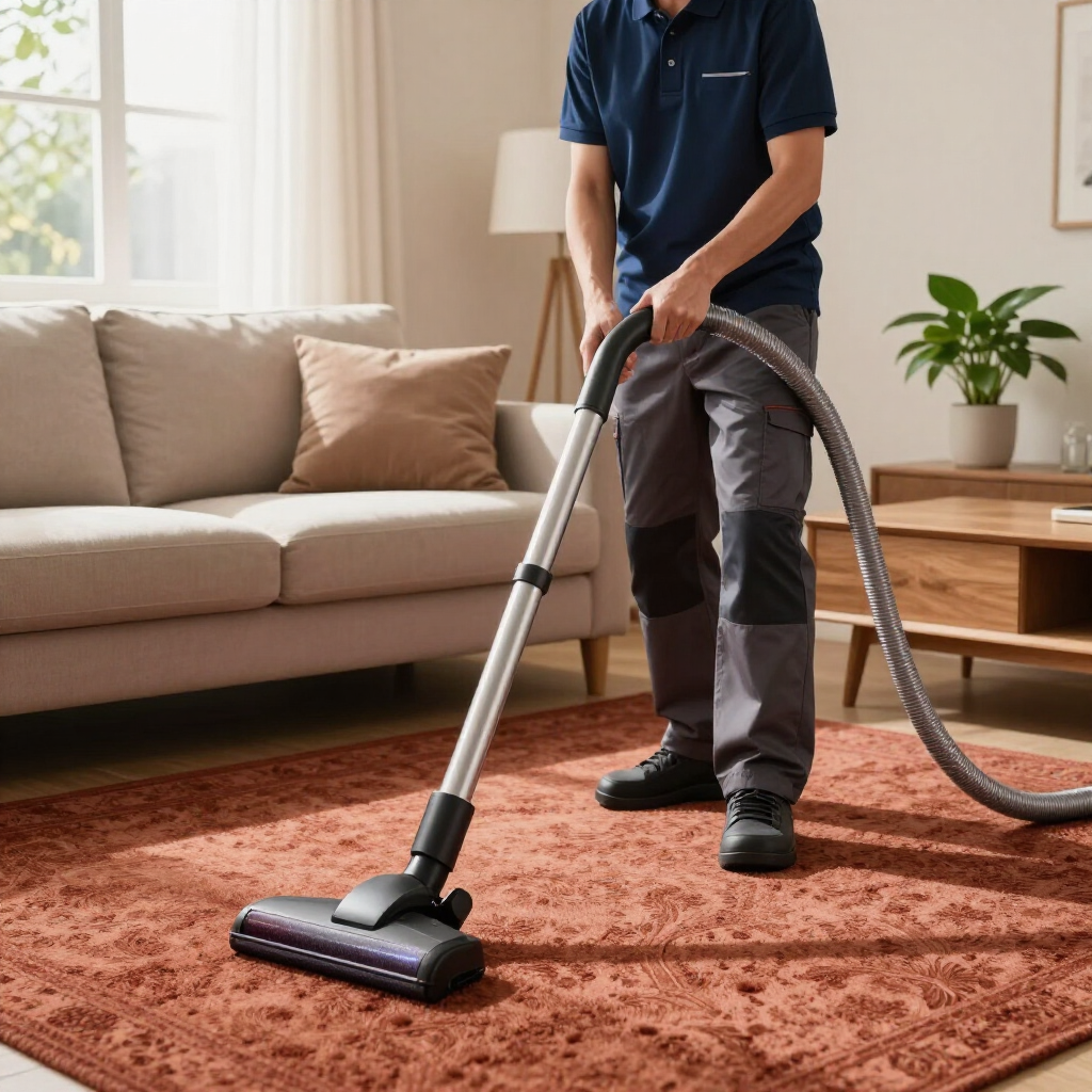 Person vacuuming an orange rug in a bright living room with a beige sofa and potted plant