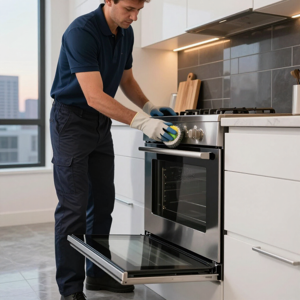 Person cleaning an open oven in a modern kitchen with a sponge and gloves