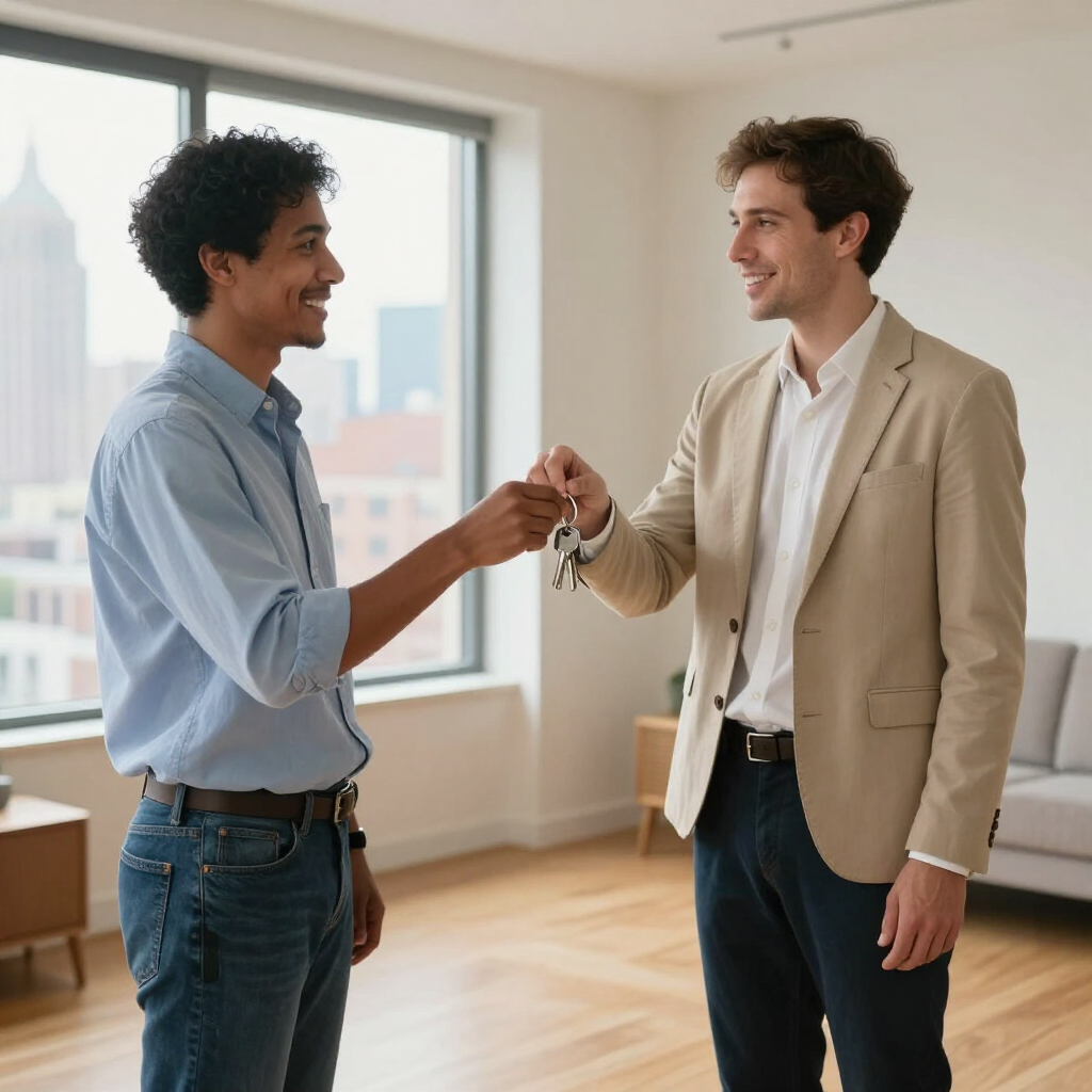 Two men in a bright room smiling and exchanging keys by a window