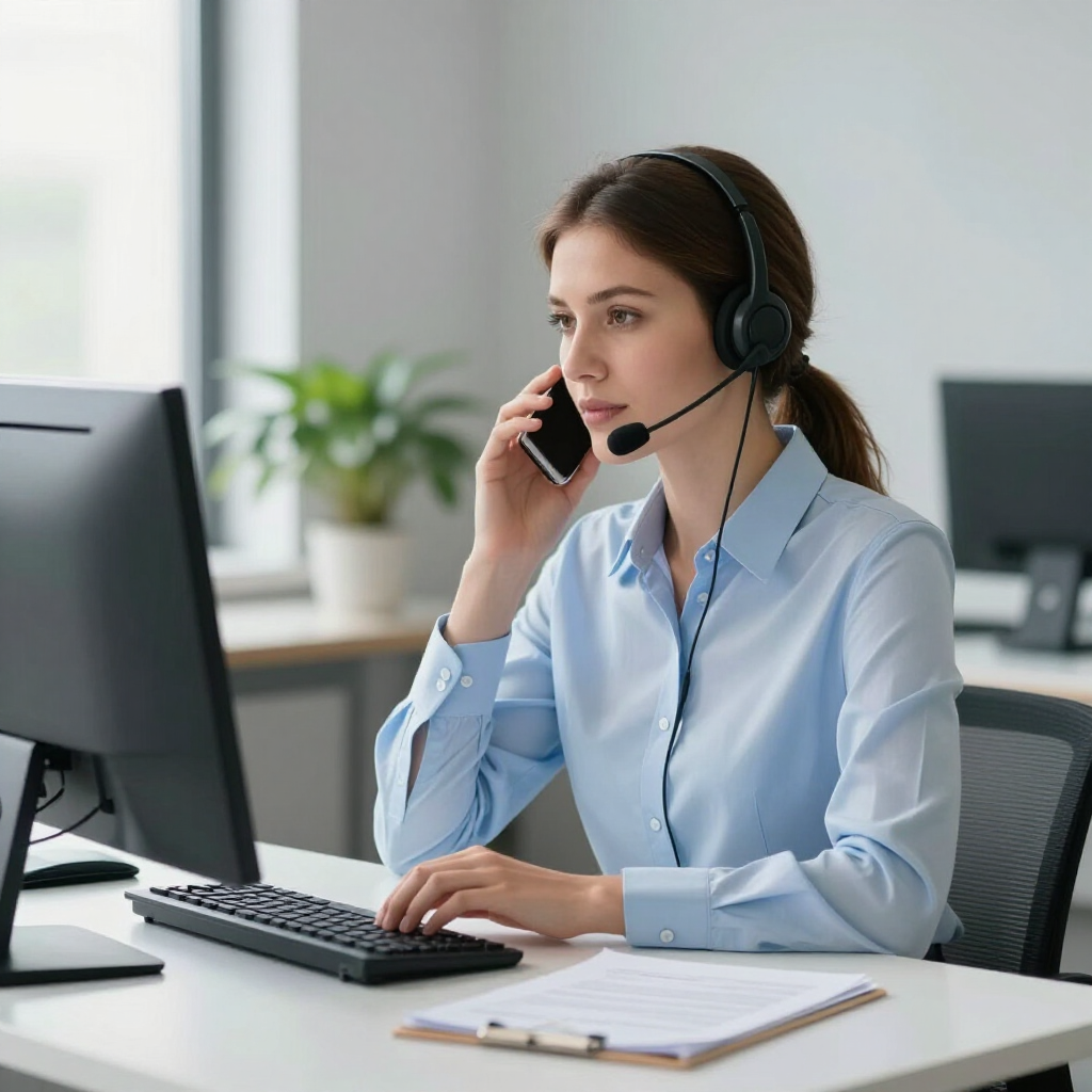 Customer service agent wearing a headset talks on the phone at a desk with a computer in an office