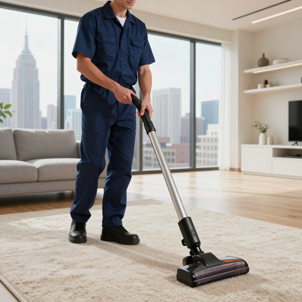 Person vacuuming a bright living room with city view from large windows