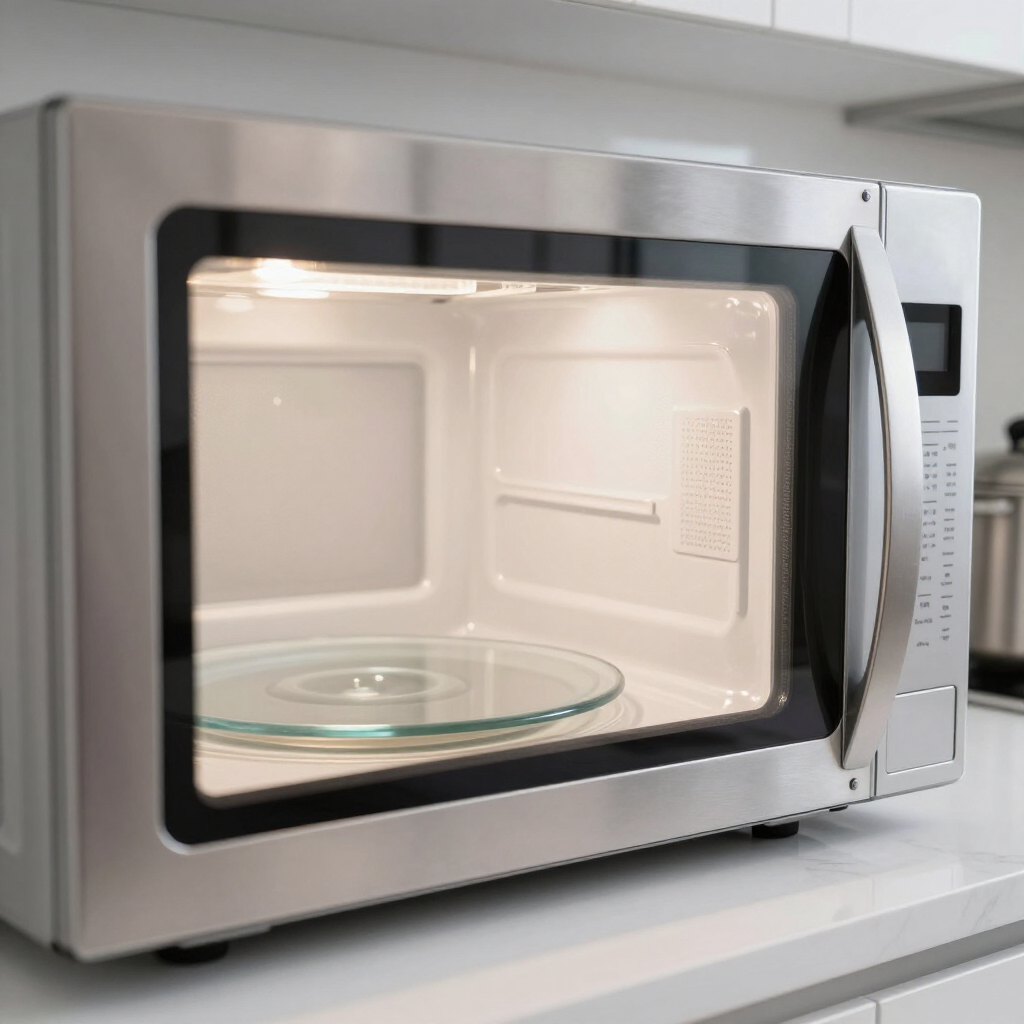 Open stainless steel microwave with glass turntable in a kitchen setting