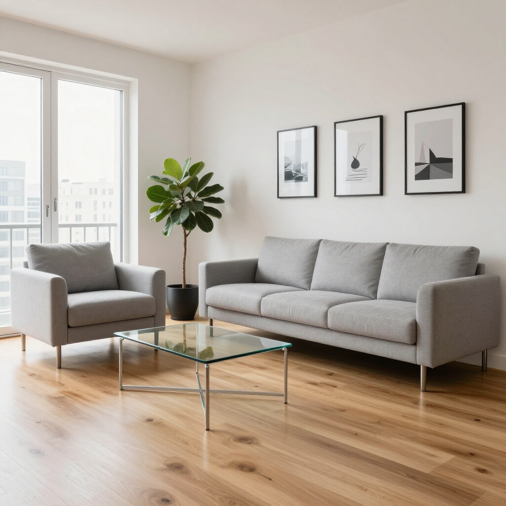 Modern living room with gray sofa and armchair, glass coffee table, potted plant, and framed wall art.
