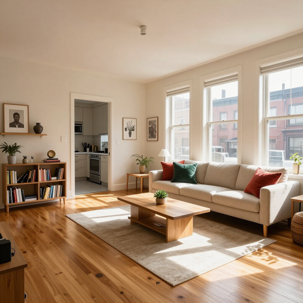 Sunlit living room with beige sofa, wooden coffee table, rug, bookshelves, and large windows