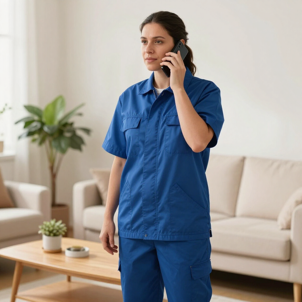Person in blue scrubs talking on a phone in a living room with beige sofas and a coffee table