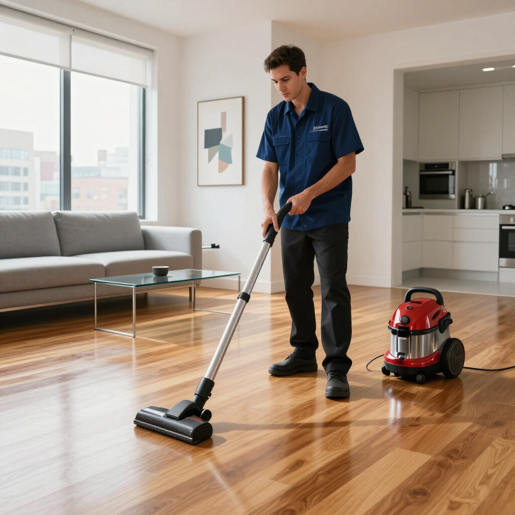 Worker vacuuming a polished wooden floor beside a red canister vacuum in a bright living room