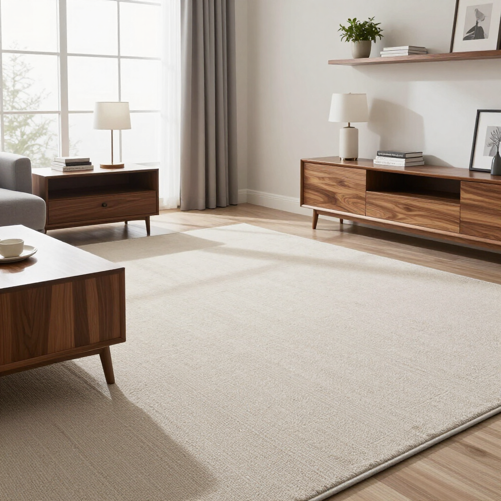 Modern living room with a beige rug, wooden furniture, and sunlight by a large window.