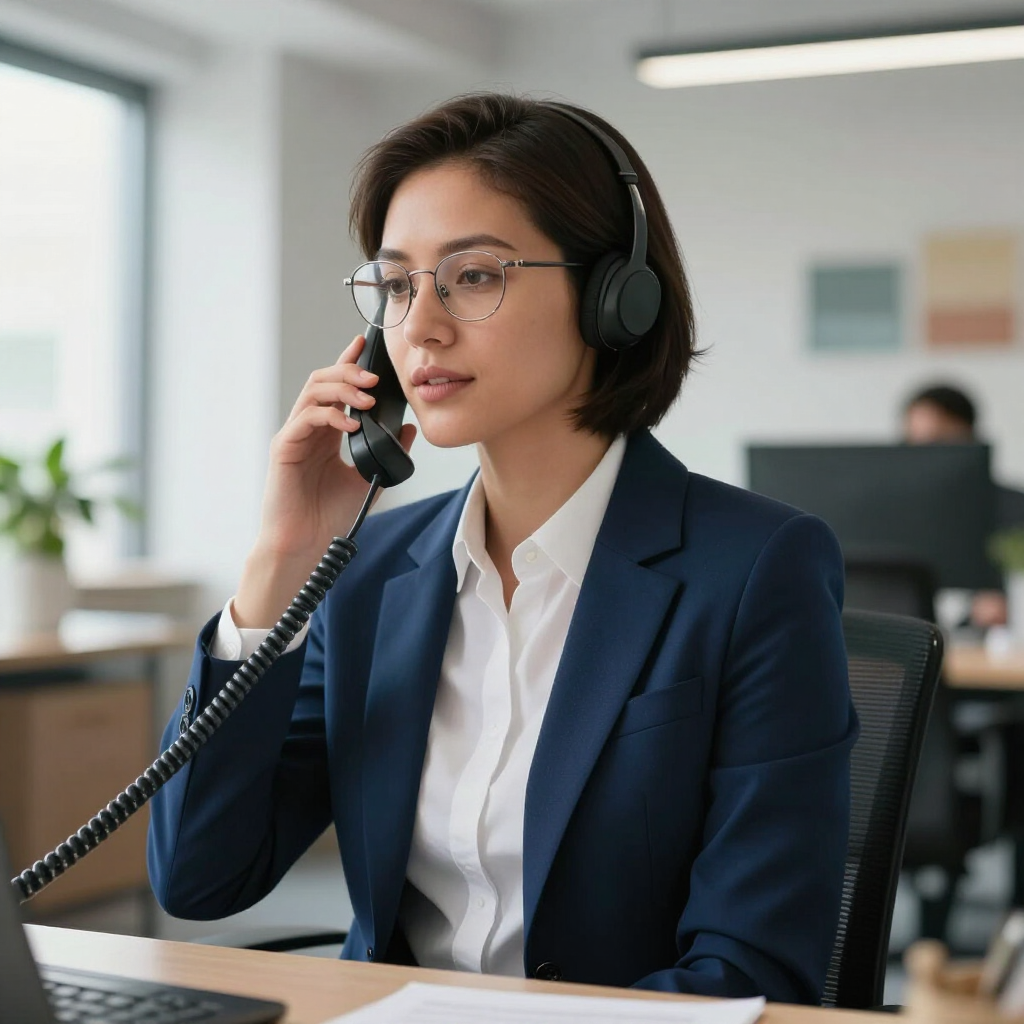 Woman in a navy blazer using a headset and phone in a bright office, looking focused