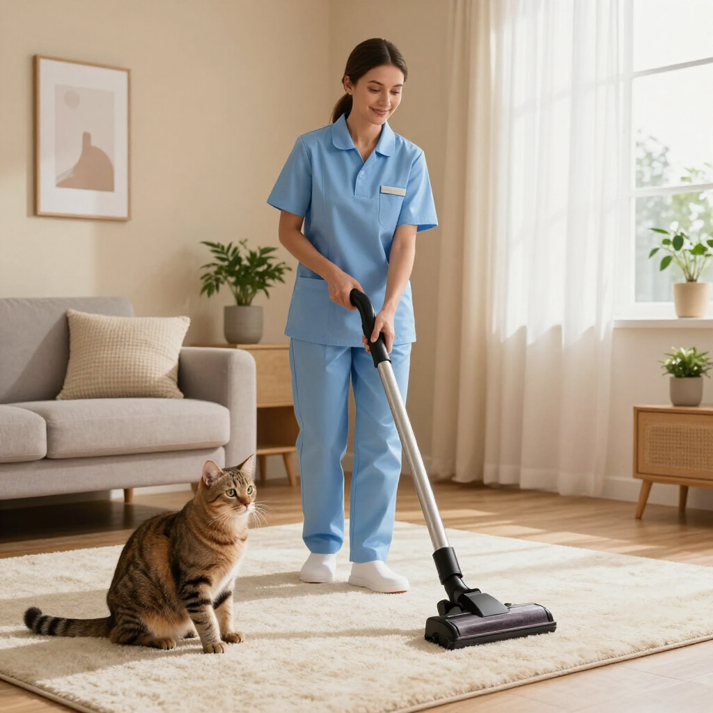 Cleaner vacuuming a rug in a bright living room while a cat sits nearby