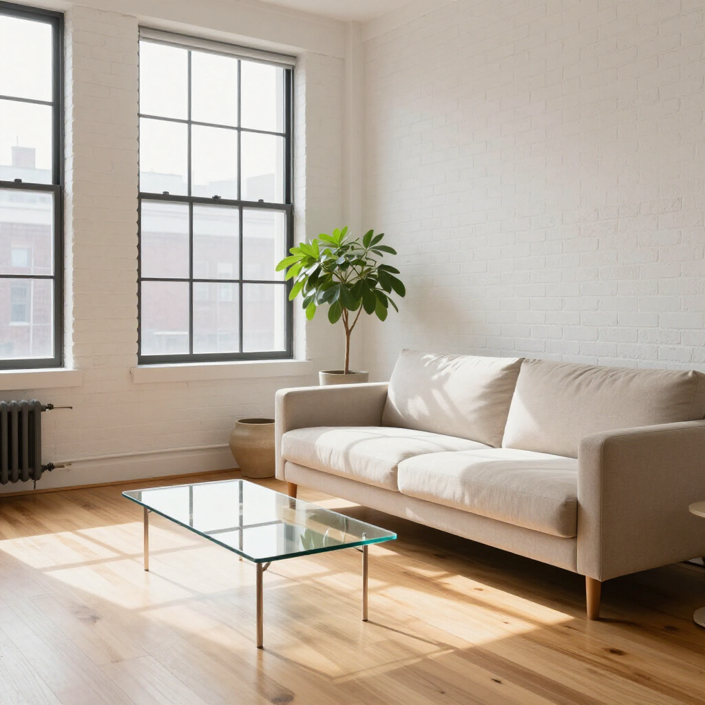 Bright living room with a beige sofa, glass coffee table, large windows, and a potted plant in sunlight