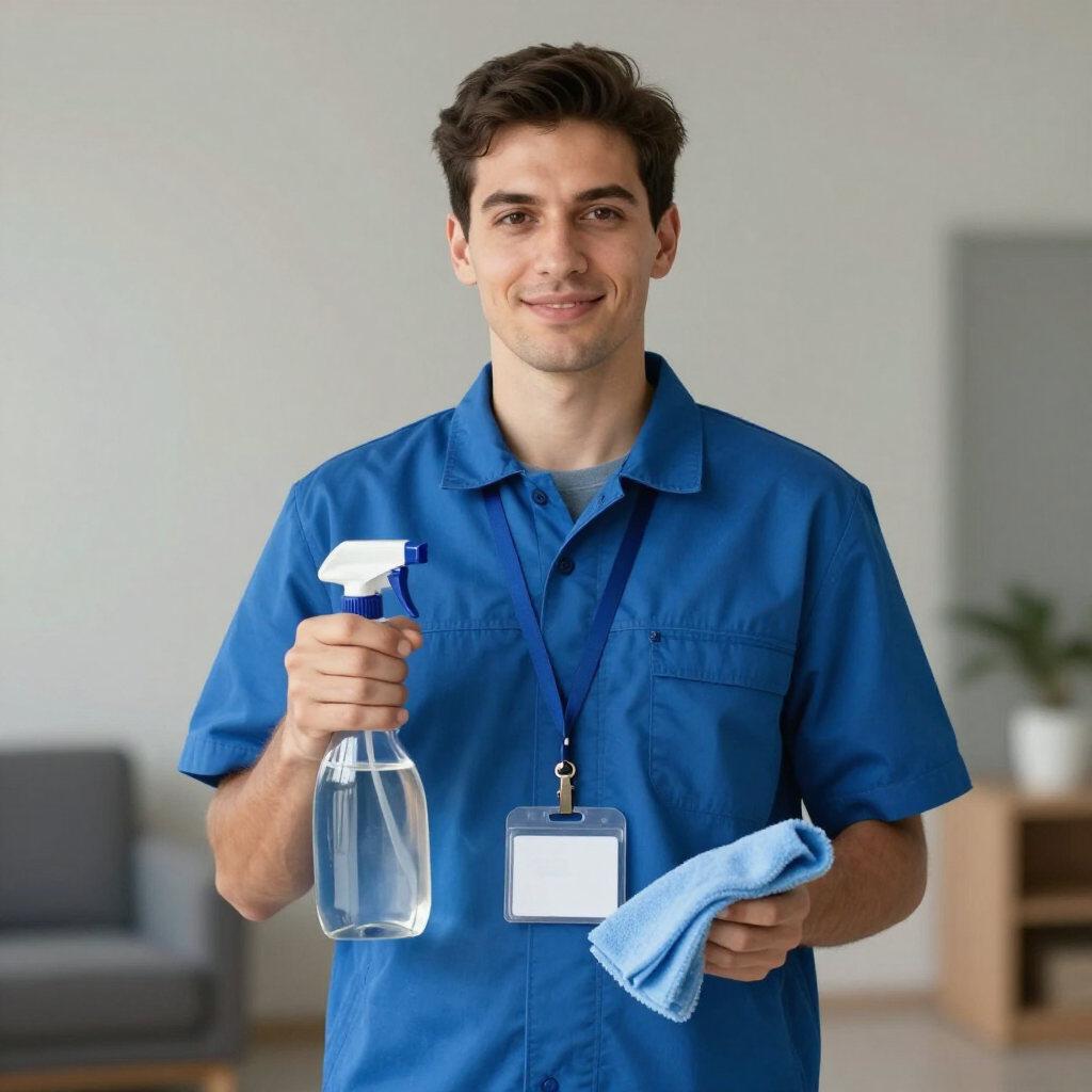 Person in a blue work shirt holding a spray bottle and cleaning cloth in a room