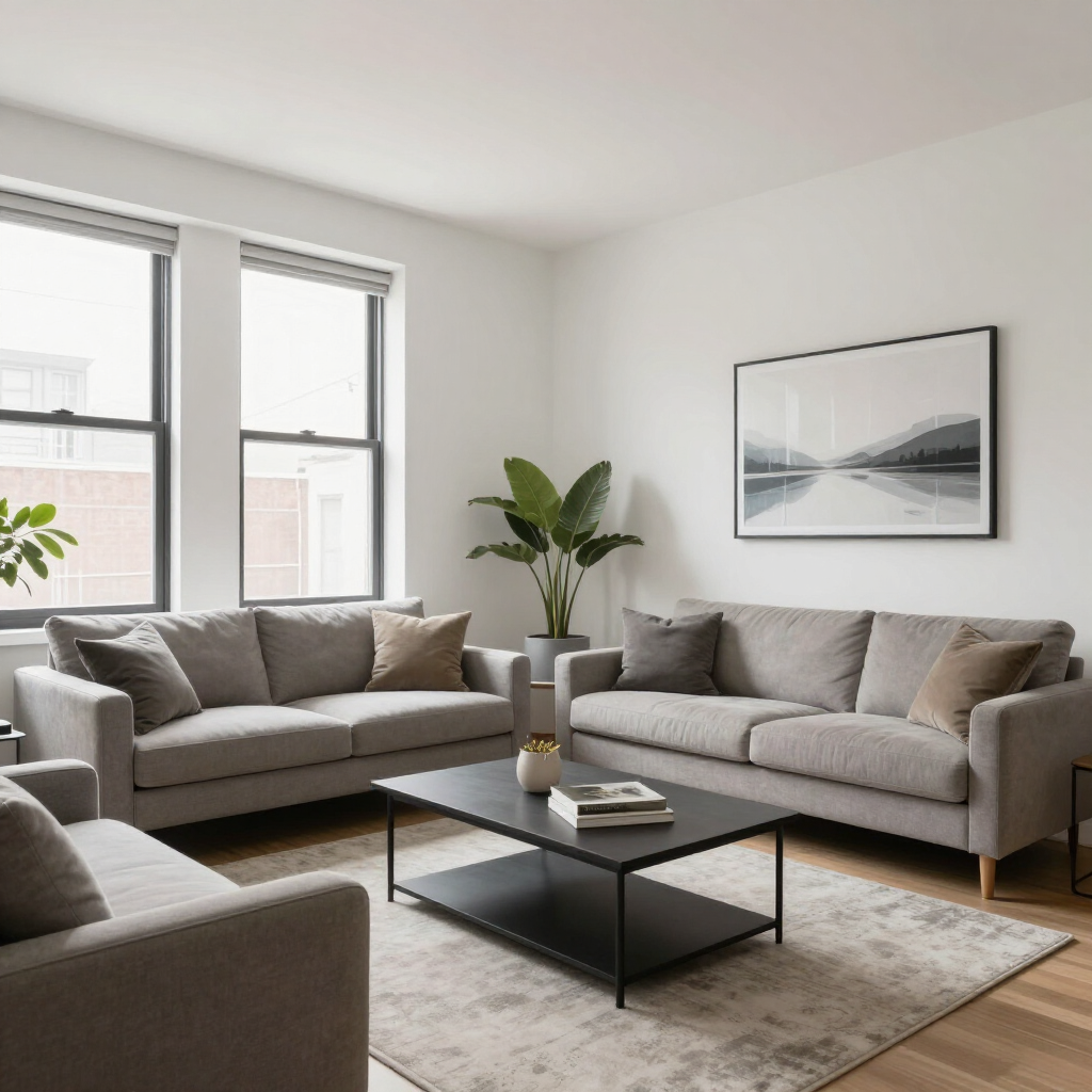 Bright modern living room with two gray sofas, black coffee table, beige rug, and large windows