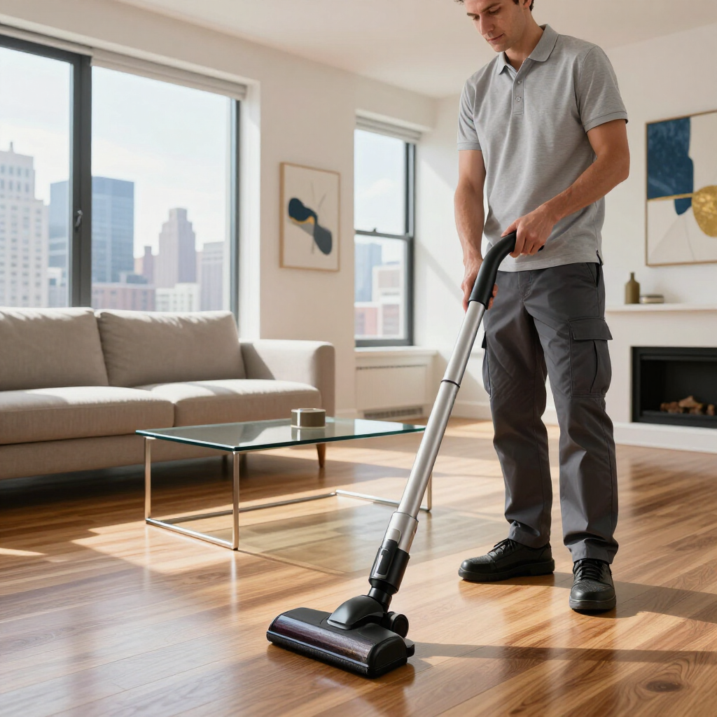 Man vacuuming a sunlit living room with a hardwood floor and city view.