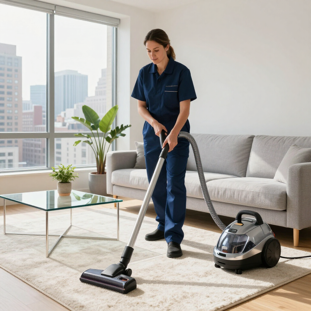 Woman vacuuming a bright living room with a canister vacuum near a gray sofa and large windows