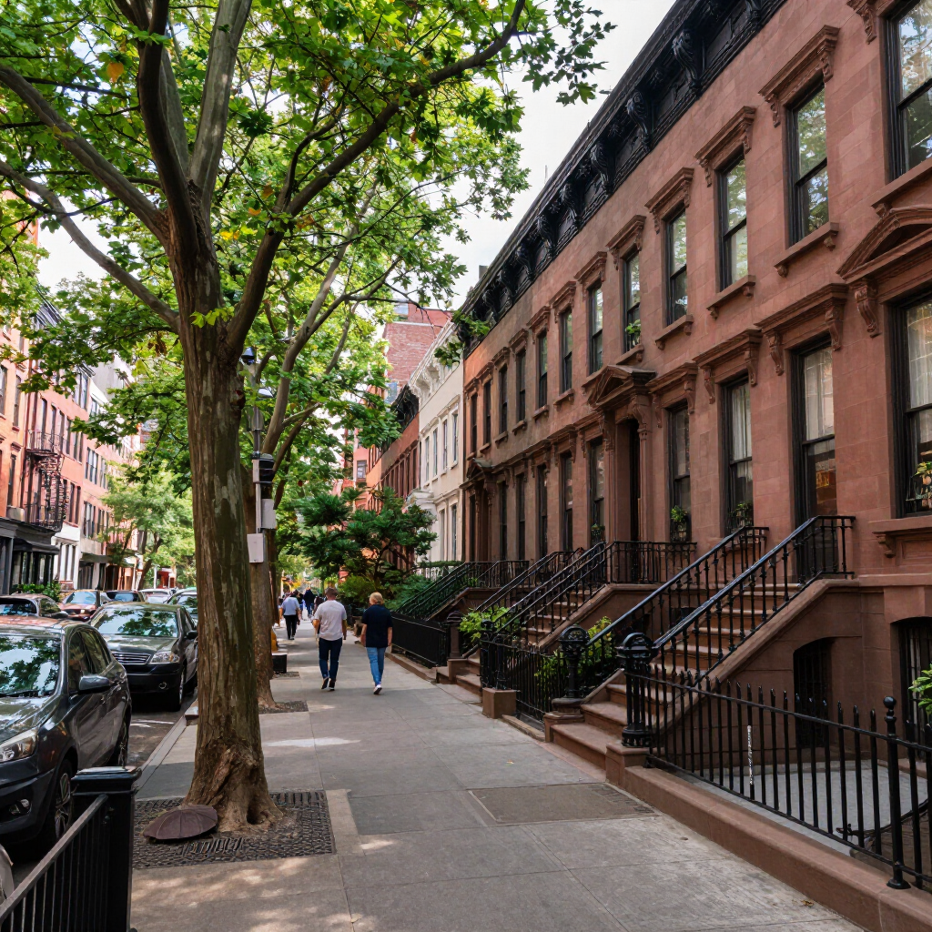 Tree-lined brownstone sidewalk with parked cars and a few pedestrians in a residential neighborhood